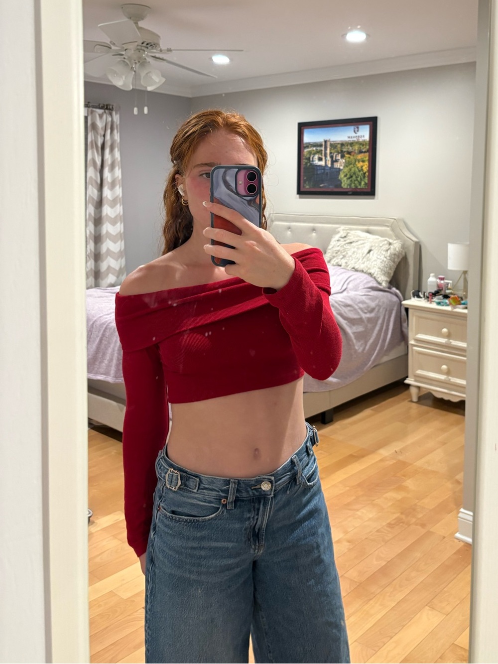 Garage Red Off-Shoulder Cropped Sweater